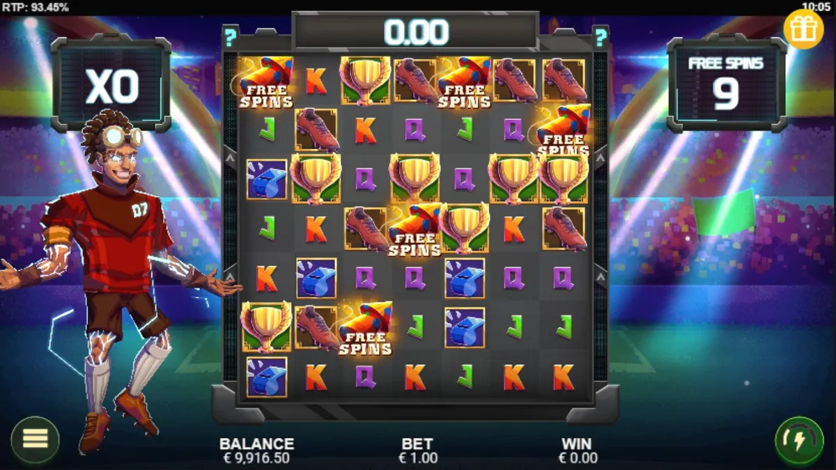 Tampilan visual grid 7x7 dalam slot Cluster Cup dengan tema stadion sepak bola yang meriah