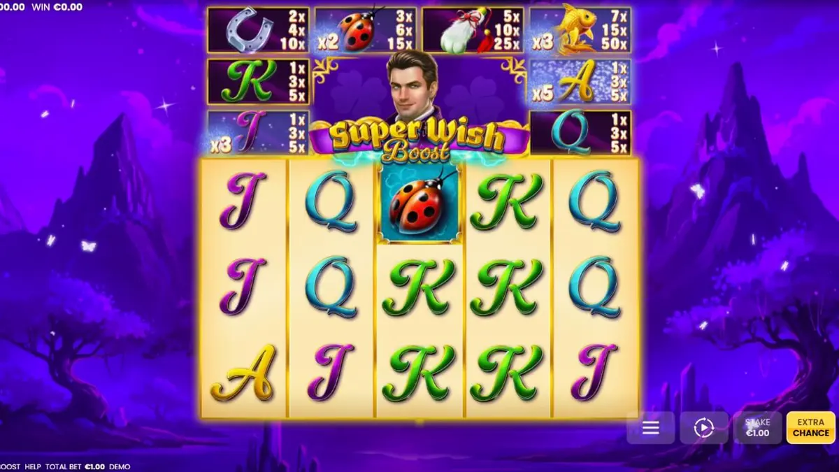 Pemandangan magis slot Super Wish Boost dengan simbol keberuntungan dan latar belakang senja.